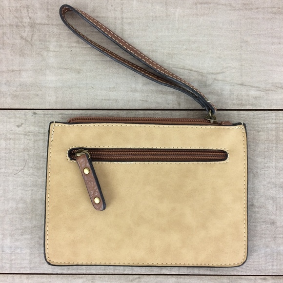 b.o.c. Handbags - B.O.C. Vegan Faux Leather Zippered Tan Wristlet